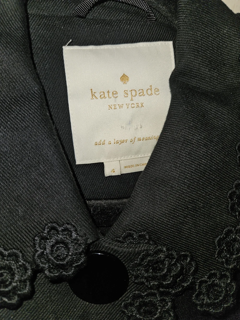 kate spade Black Floral-Trim Wool Pea Coat